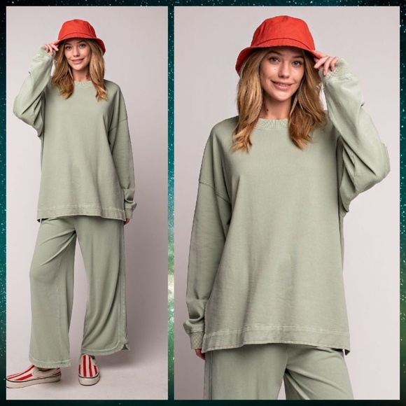 EASEL "So Comfy" Mineral Washed Tunic Top in Sage Statement Side Slits Crew Neck - Picture 7 of 14
